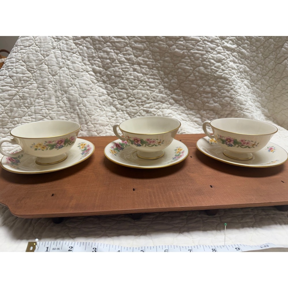 Lenox Avon Floral Tea Cups and Saucers Set of 3 Vintage Gold Trim Bone China